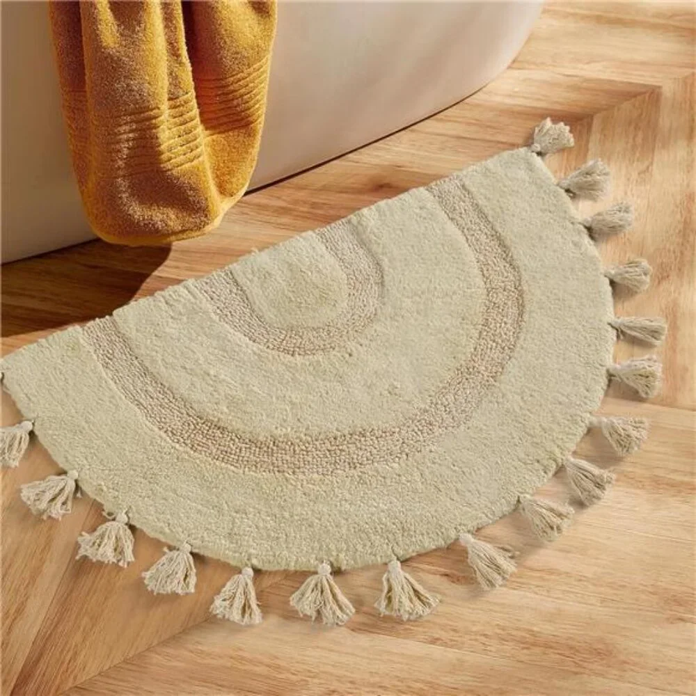 Half Circle Boho Bathroom Rug with Tassels 100% Cotton Hand-Woven